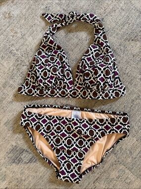 Lands' End Women's Geometric Halter Bikini - Black, White, Purple and brown